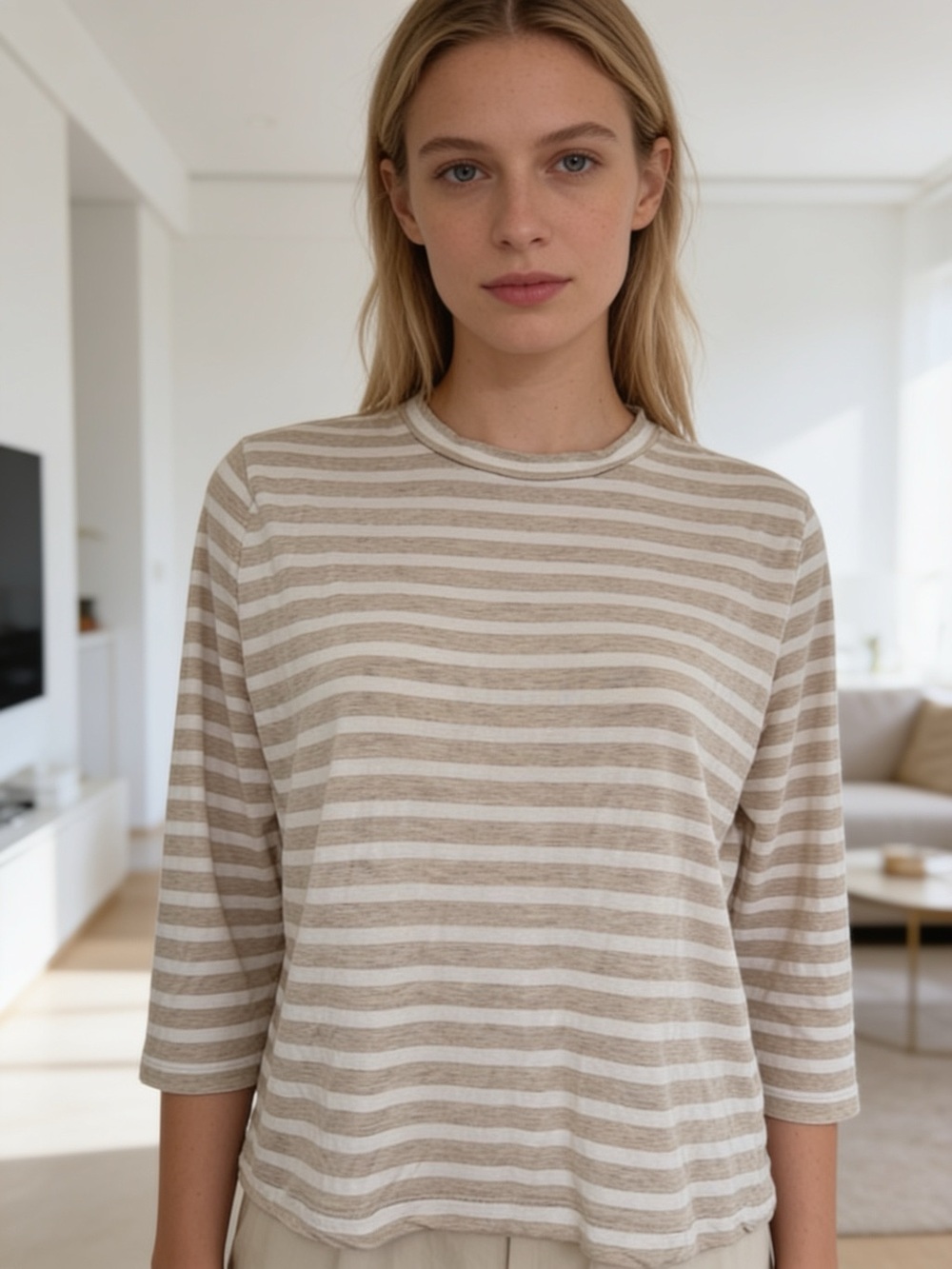Vince Beige White Stripe Bracelet Sleeve Crewneck Tee Top S